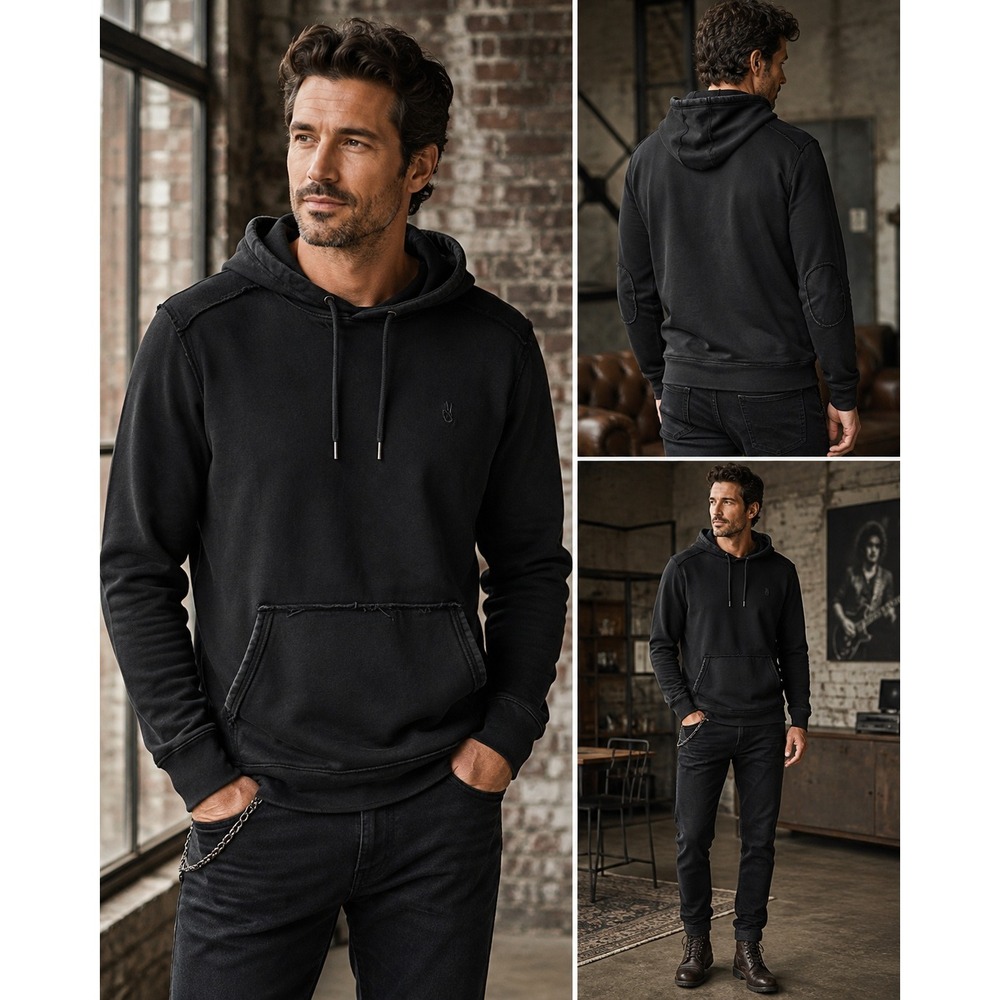 John Varvatos Hoodie Mens Small Black Designer Raw Edge Elbow Patch Pullover